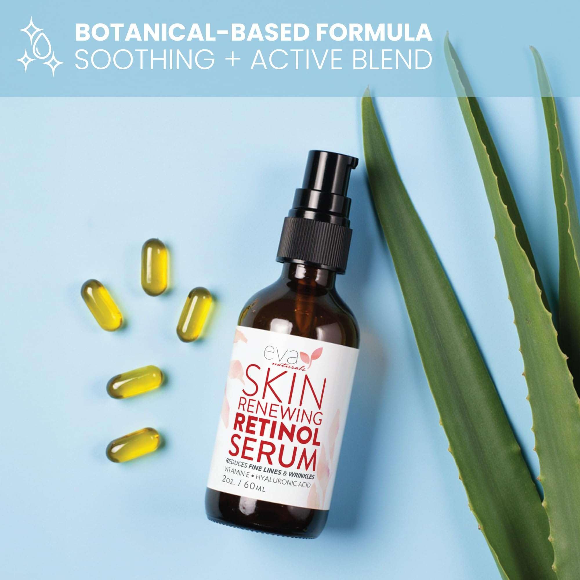Eva Naturals Retinol Serum with hyaluronic acid illustration communicates hydration benefits