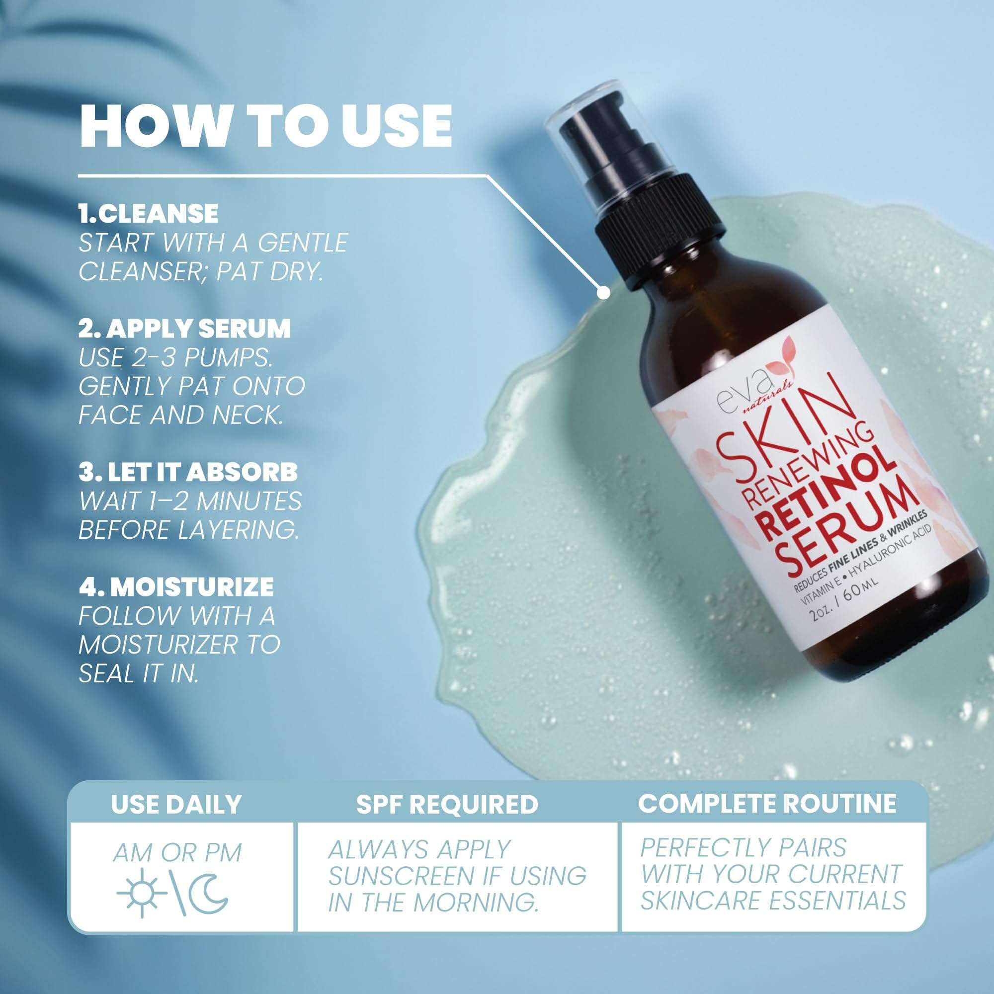 Eva Naturals Retinol Serum on vanity table ready for step-by-step nightly use