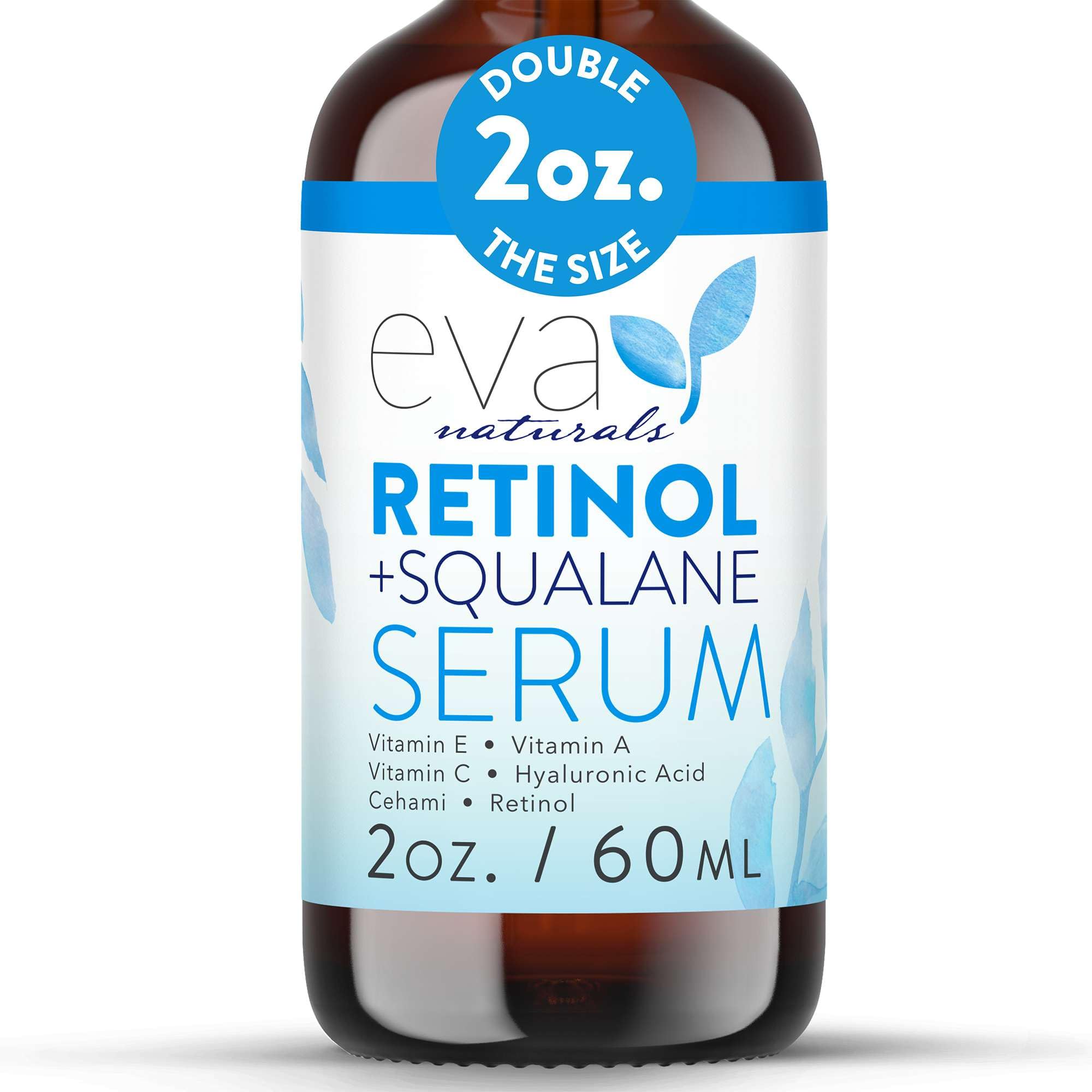 Eva Naturals Retinol + Squalane Serum bottle closeup highlighting anti-aging benefits.