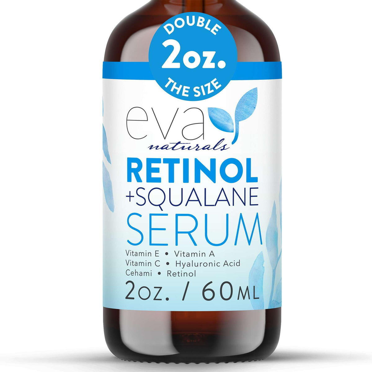 Eva Naturals Retinol + Squalane Serum bottle closeup highlighting anti-aging benefits.