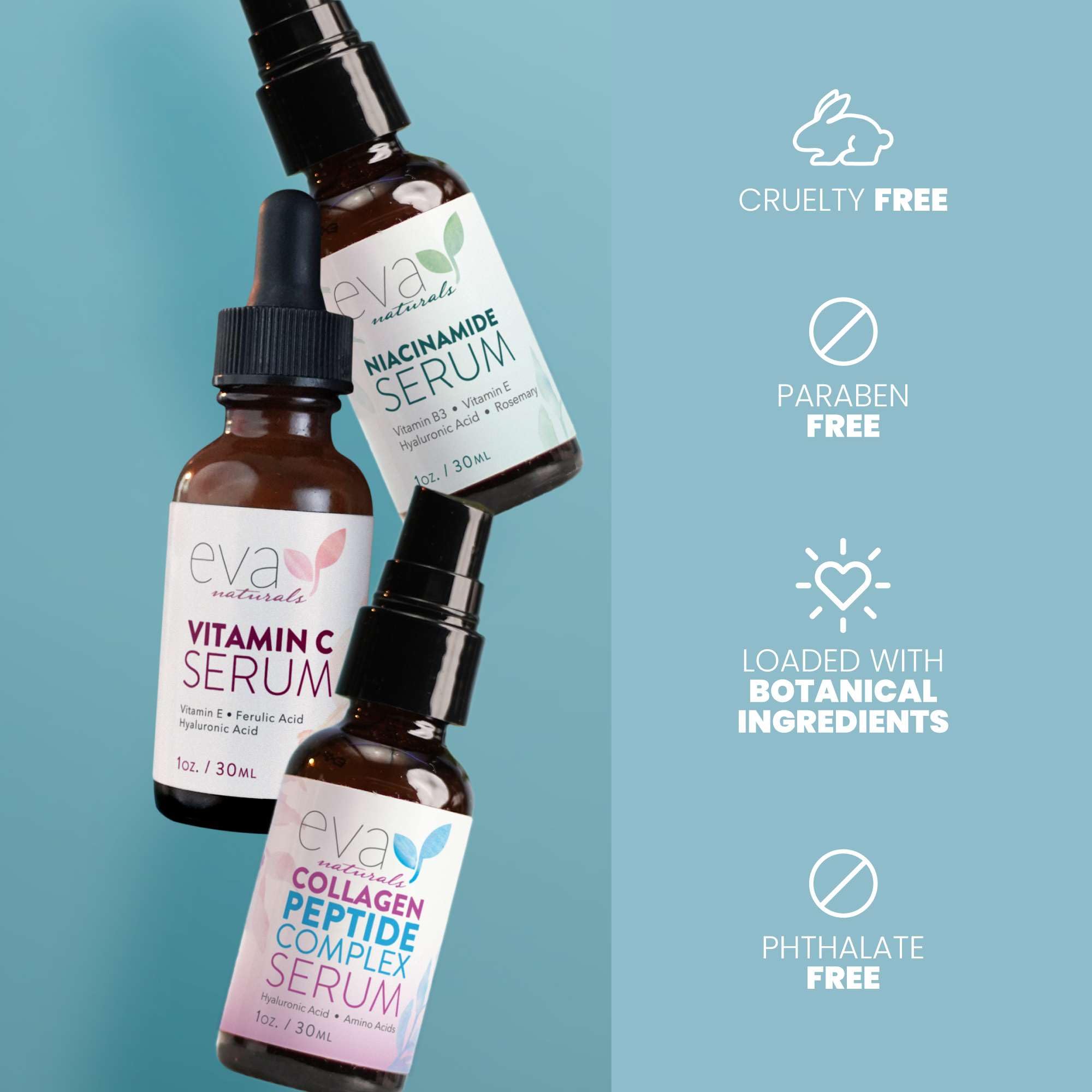 Eva Naturals three-serum set side-by-side demonstrating simple anti-aging routine.