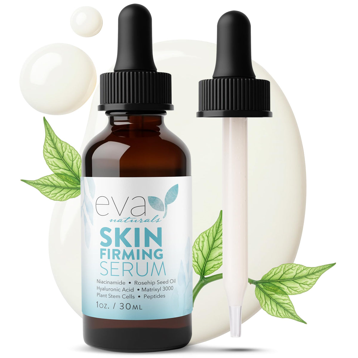 Eva Naturals Skin Firming Serum bottle closeup highlighting peptide-based firming benefits
