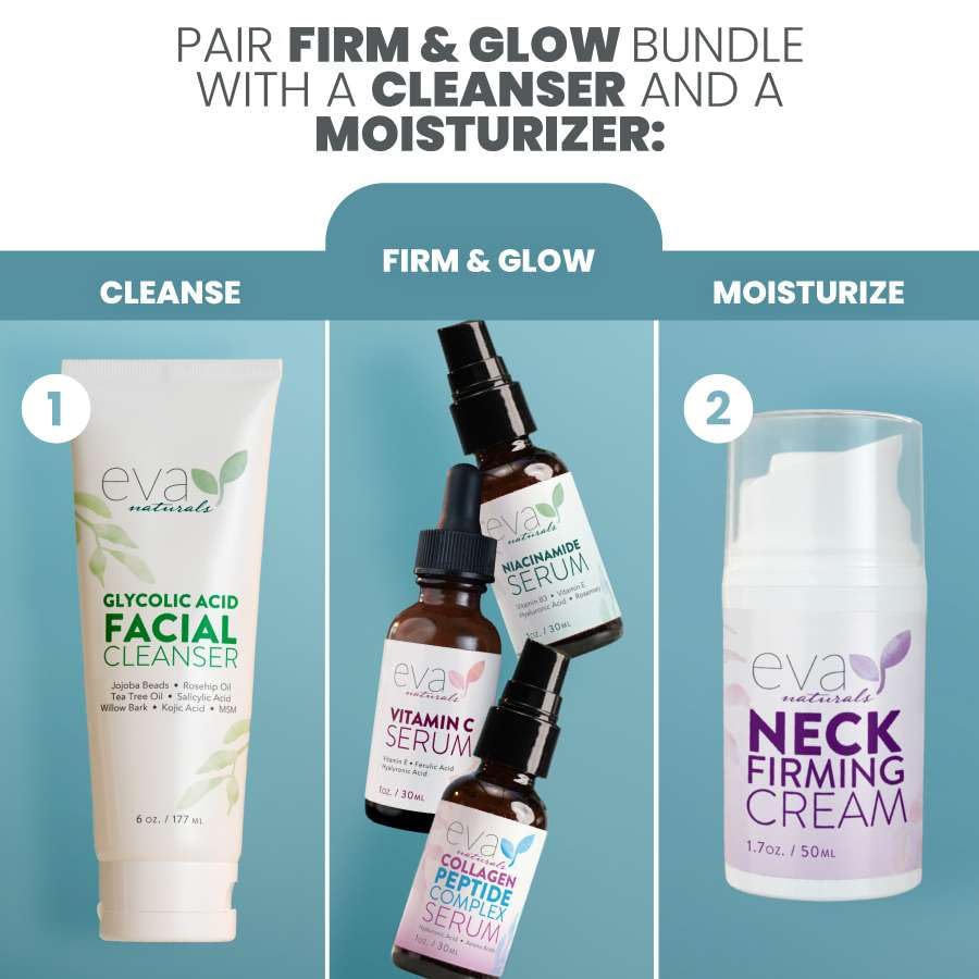 Eva Naturals skincare routine close-up with glass bottle highlights easy layering under makeup.