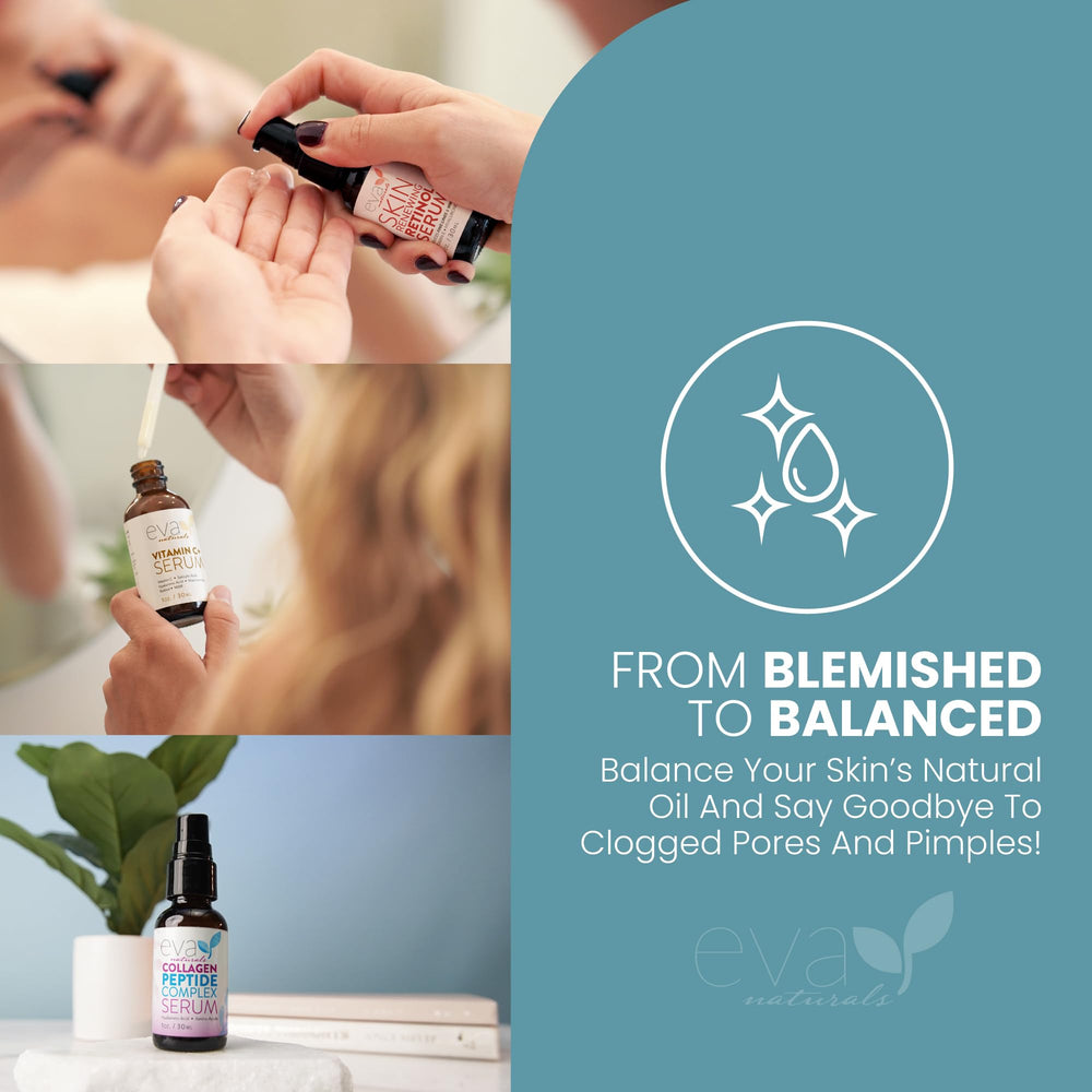 Eva Naturals Trifecta ingredients infographic highlights vitamin C, retinol, and peptides