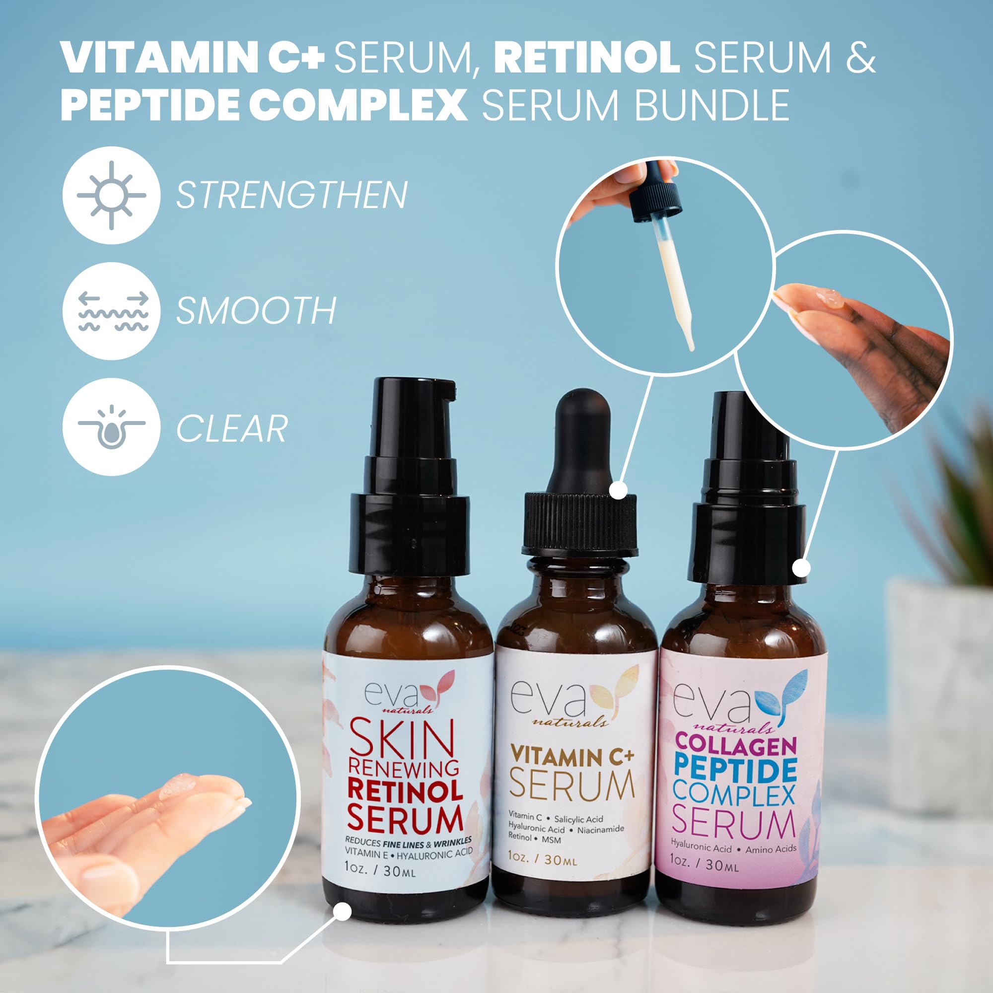 Eva Naturals Trifecta Retinol serum bottle for smoother skin and fine-line support