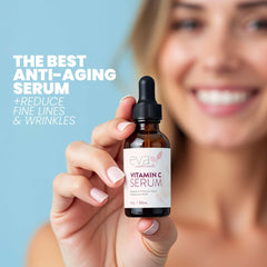 Eva Naturals Vitamin C Serum bottle closeup highlighting label and clear formula