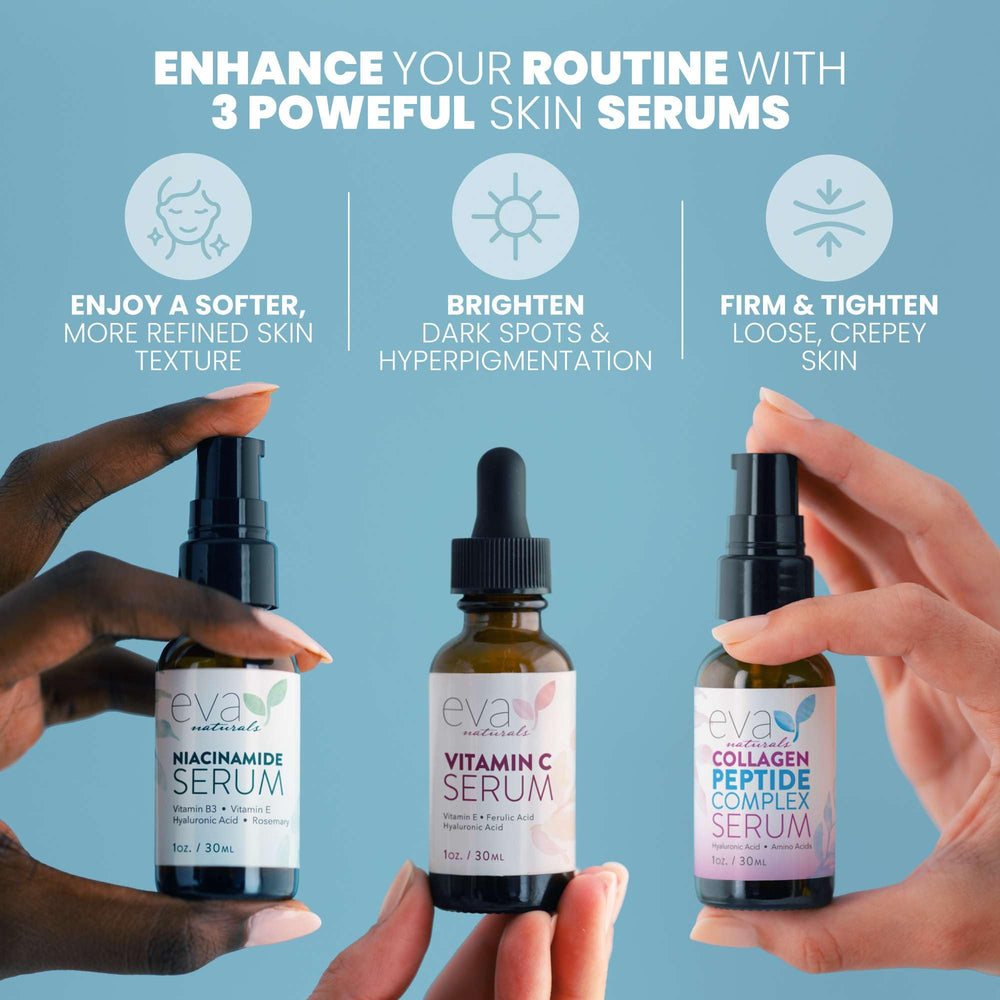 Eva Naturals vitamin C serum brightening glow bottle close-up for even tone.