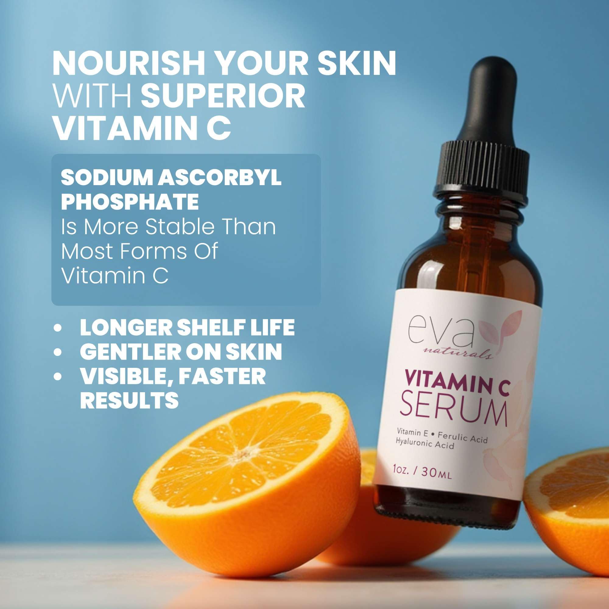 Eva Naturals Vitamin C Serum ferulic acid ingredient detail highlighting antioxidant support
