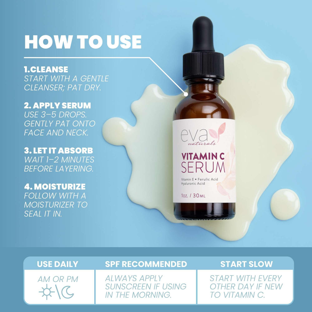 Eva Naturals Vitamin C Serum hyaluronic acid ingredient scene hints at hydration support