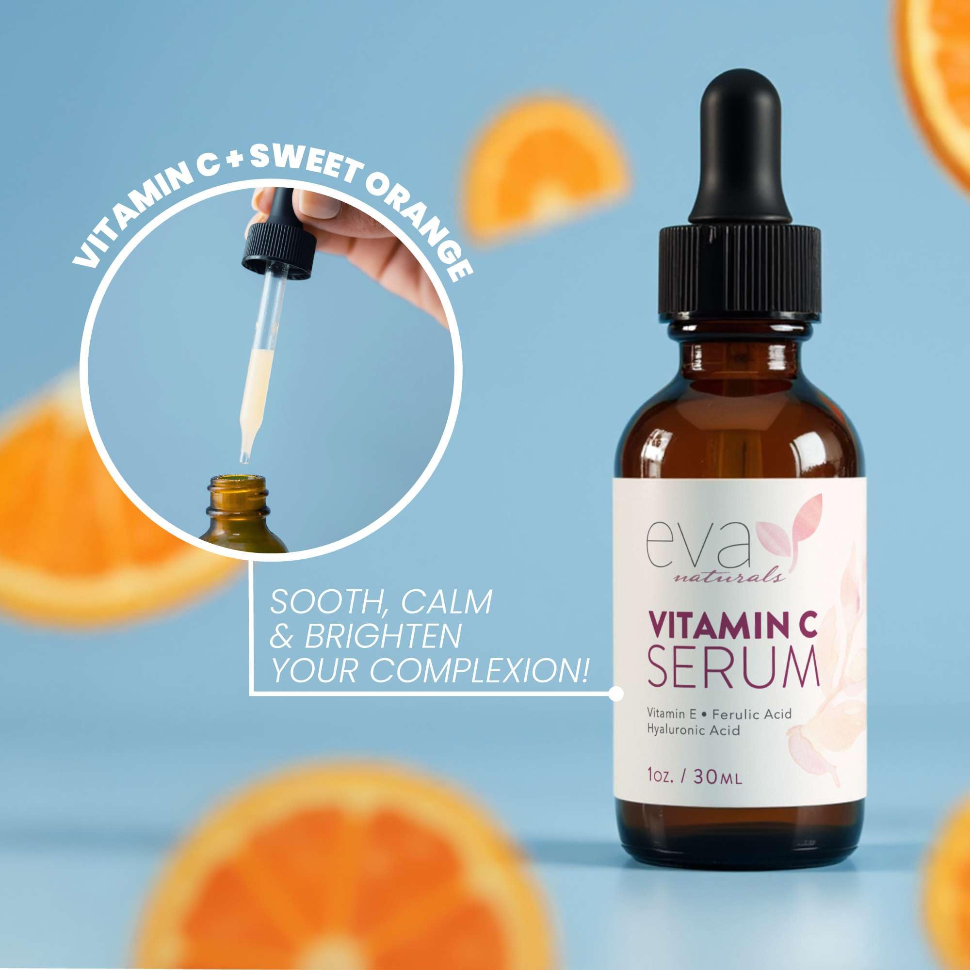Eva Naturals Vitamin C Serum ingredients scene highlighting gentle daily-use formulation