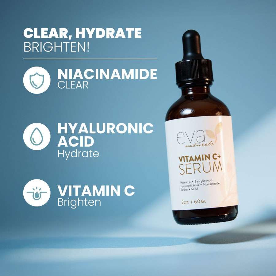 Eva Naturals Vitamin C Serum pump drop shows lightweight texture for daily use