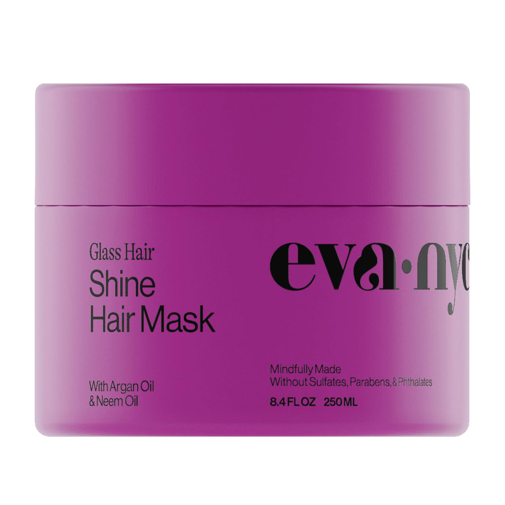 EVA NYC anti-frizz mask jar closeup highlights argan oil for nourished shine.