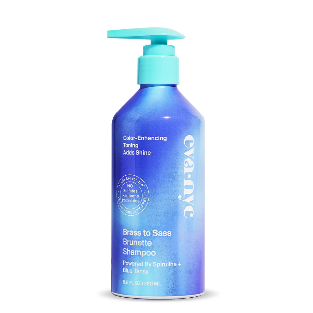Eva NYC Brass to Sass Brunette Shampoo bottle with blue toning for cooler brunette tones.