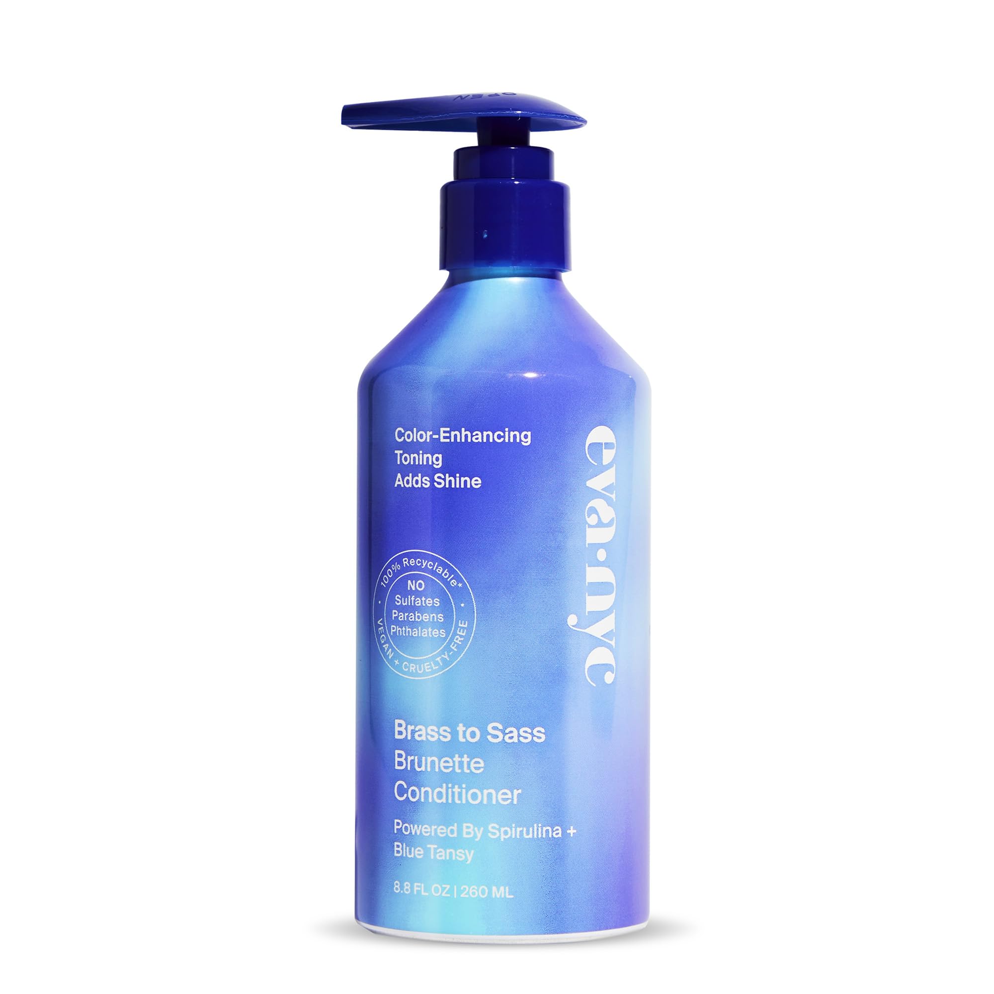 Eva NYC Brass to Sass Brunette Shampoo bottle showing blue-toned formula for brunette toning