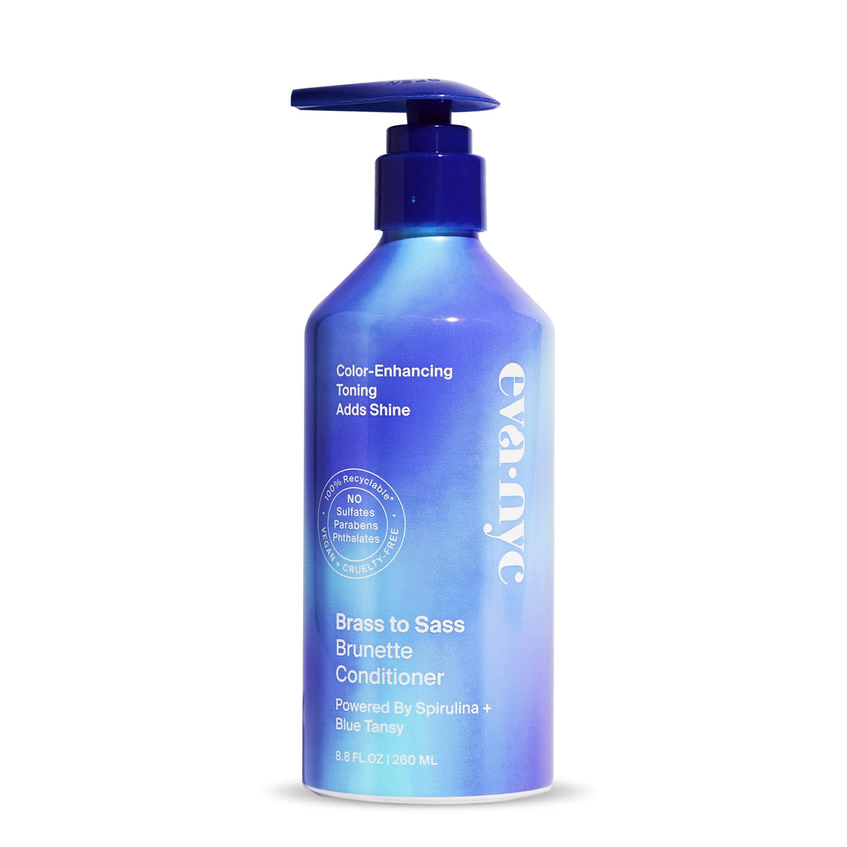 Eva NYC Brass to Sass Brunette Shampoo bottle showing blue-toned formula for brunette toning