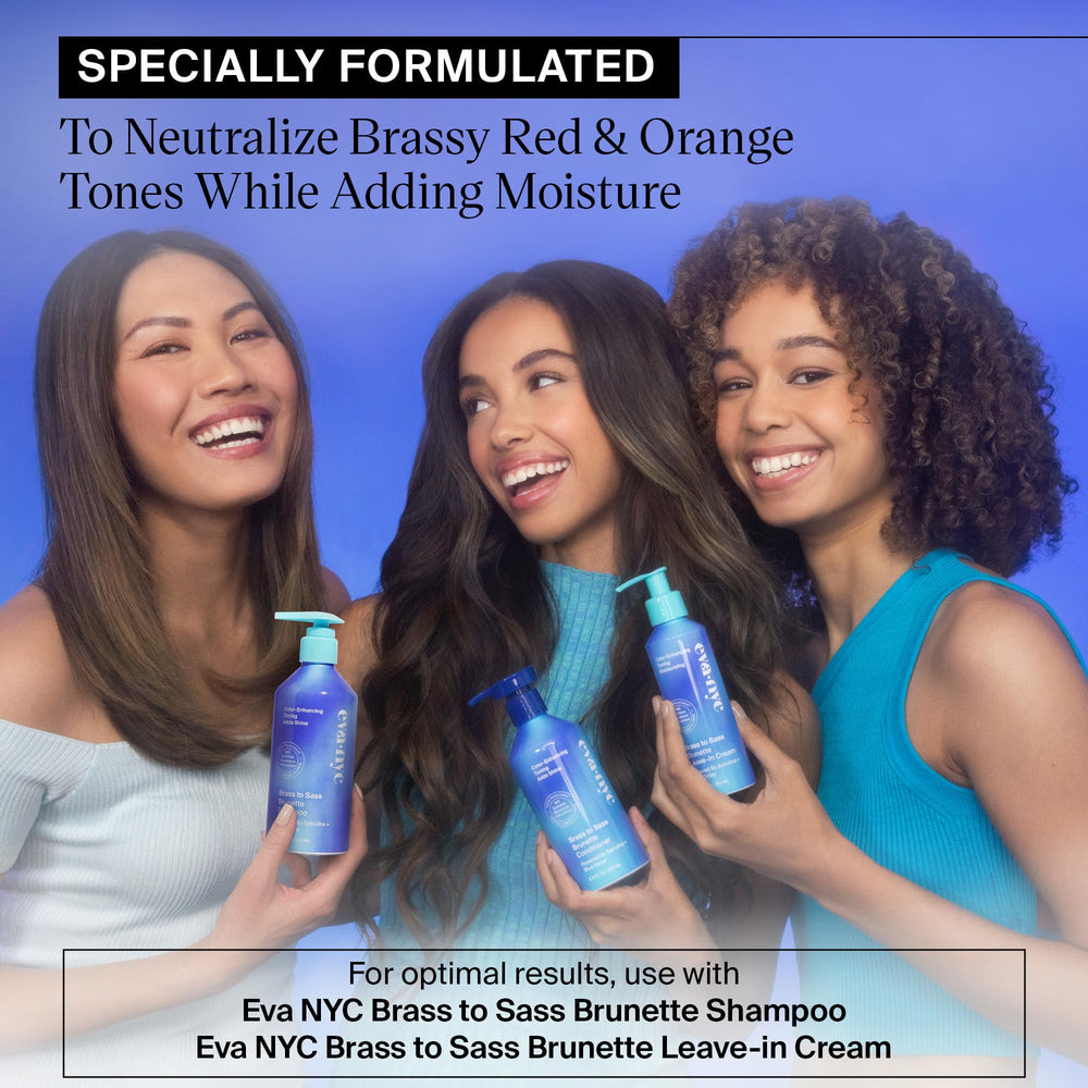 Eva NYC Brass to Sass Brunette Shampoo ingredients panel featuring Blue Tansy and Spirulina