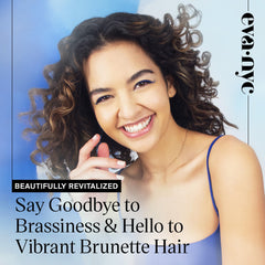 Eva NYC Brass to Sass Brunette Shampoo pour bottle illustrating easy application for brunettes