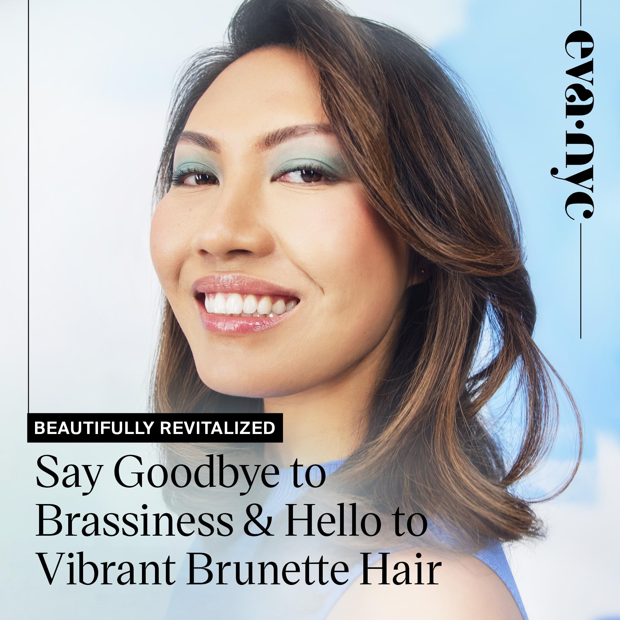 Eva NYC Brass to Sass Brunette Shampoo bottle pump showing blue-toned formula.