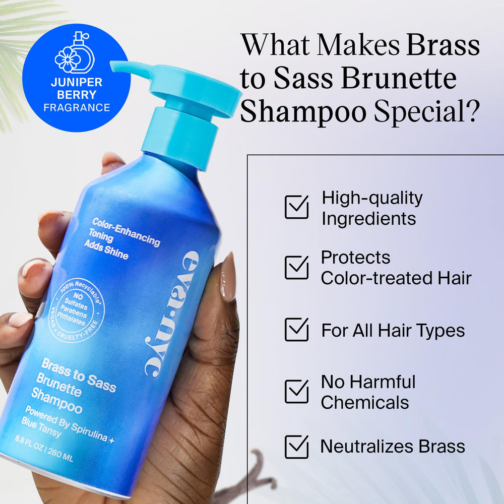 Eva NYC Brass to Sass shampoo on sink emphasizing premium packaging.