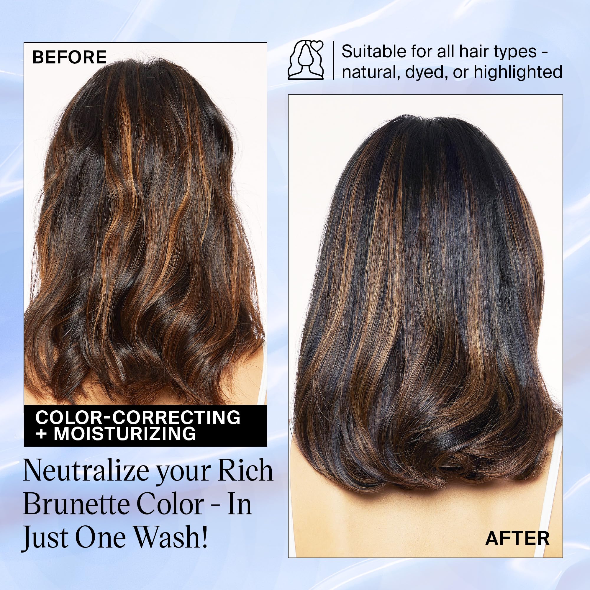 Eva NYC brunette hair before and after using Brass to Sass for depth.