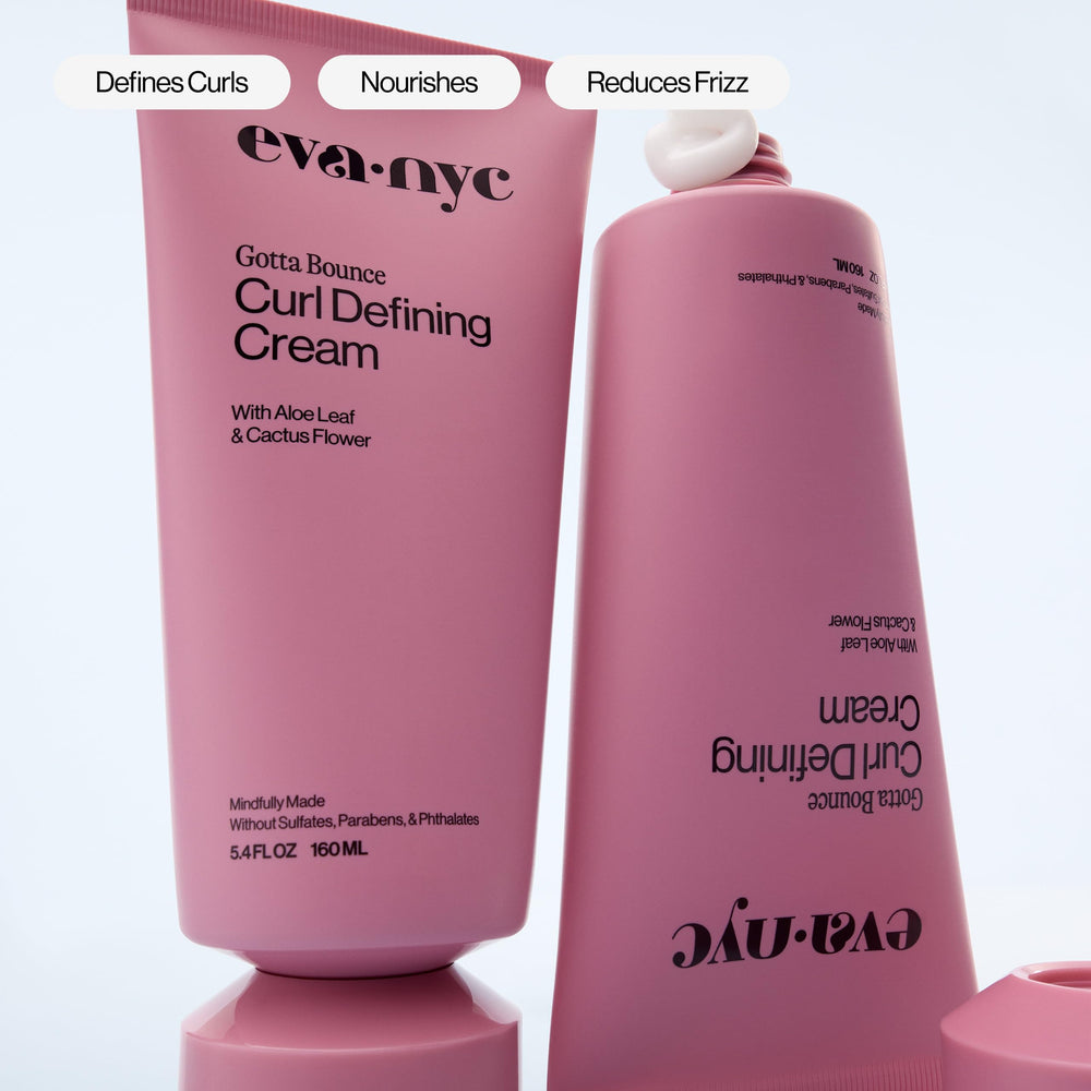 Eva NYC curl cream on hair hints soft, manageable, glossy curls.