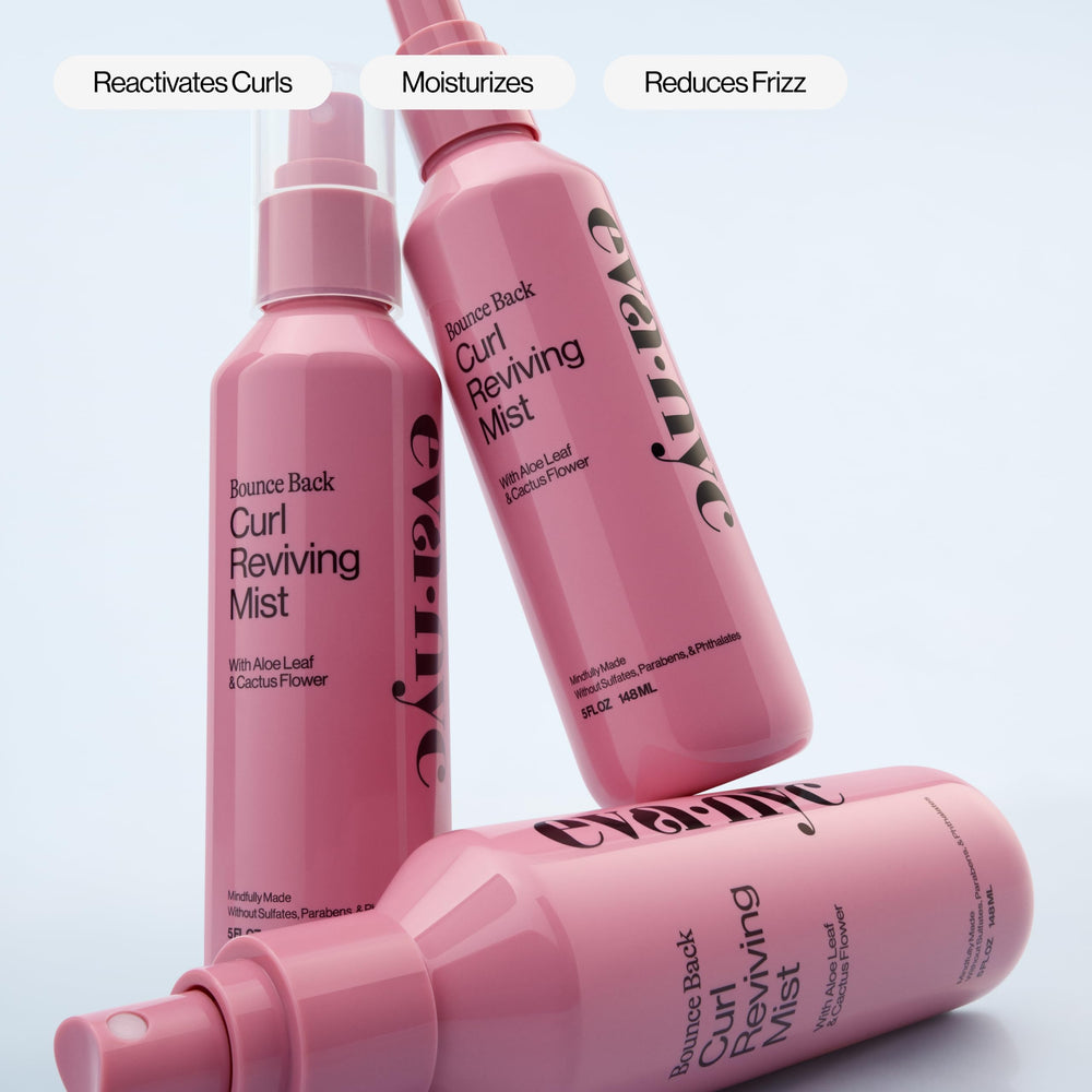 Eva NYC dewy mist on hair conveys lightweight spray with fresh scent and energy.