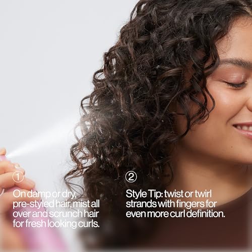 Eva NYC lightweight curl mist being sprayed on damp hair for quick refresh and volume boost.