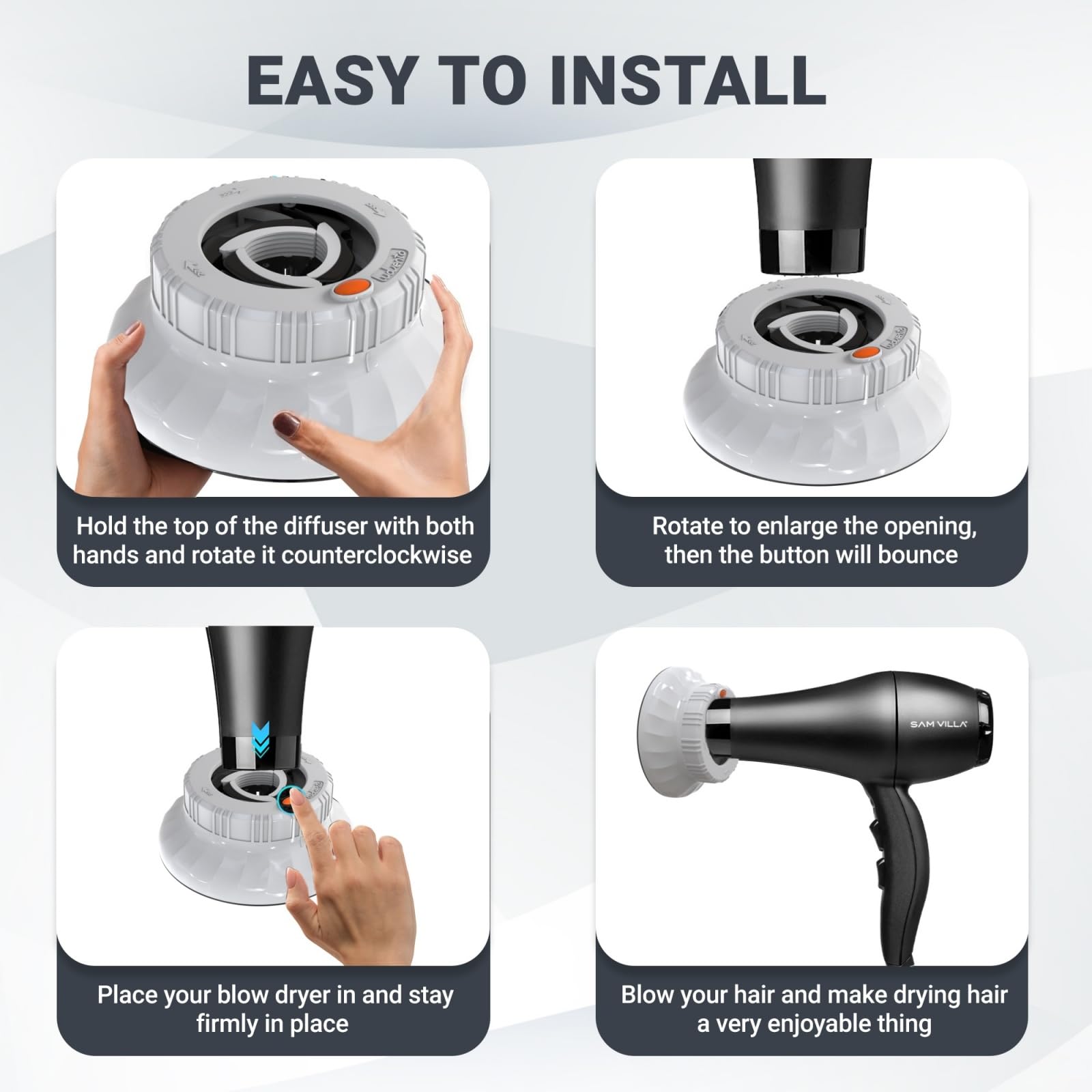 Evalunira universal diffuser frizz-reduction shot highlights even heat distribution for smoother results.