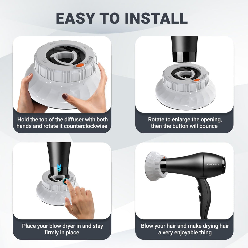 Evalunira universal diffuser frizz-reduction shot highlights even heat distribution for smoother results.