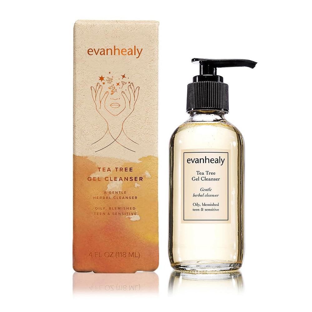 Evanhealy Tea Tree Gel Cleanser ingredients illustration emphasizes tea tree and lavender.
