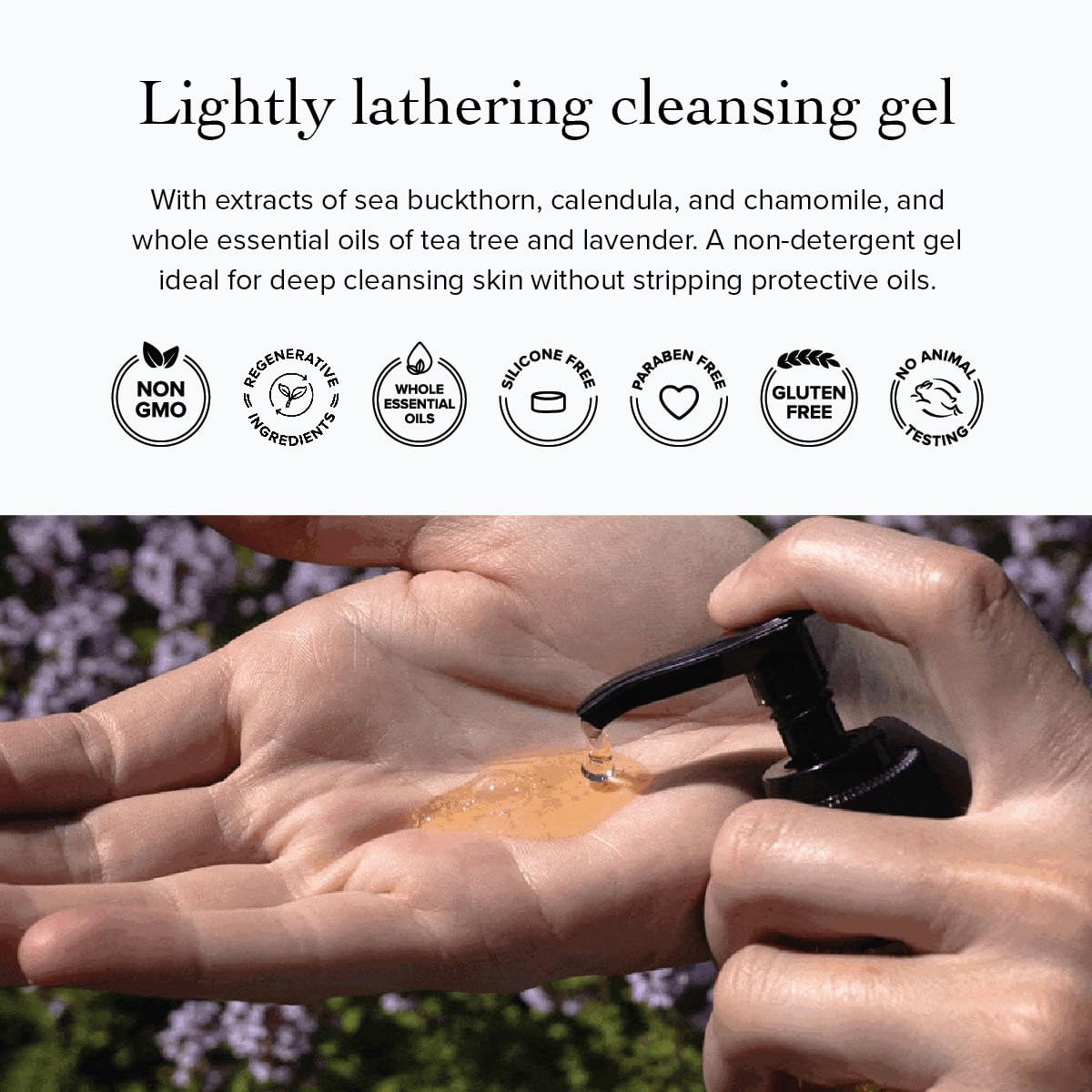 Evanhealy Tea Tree Gel Cleanser label close-up highlights natural ingredients.