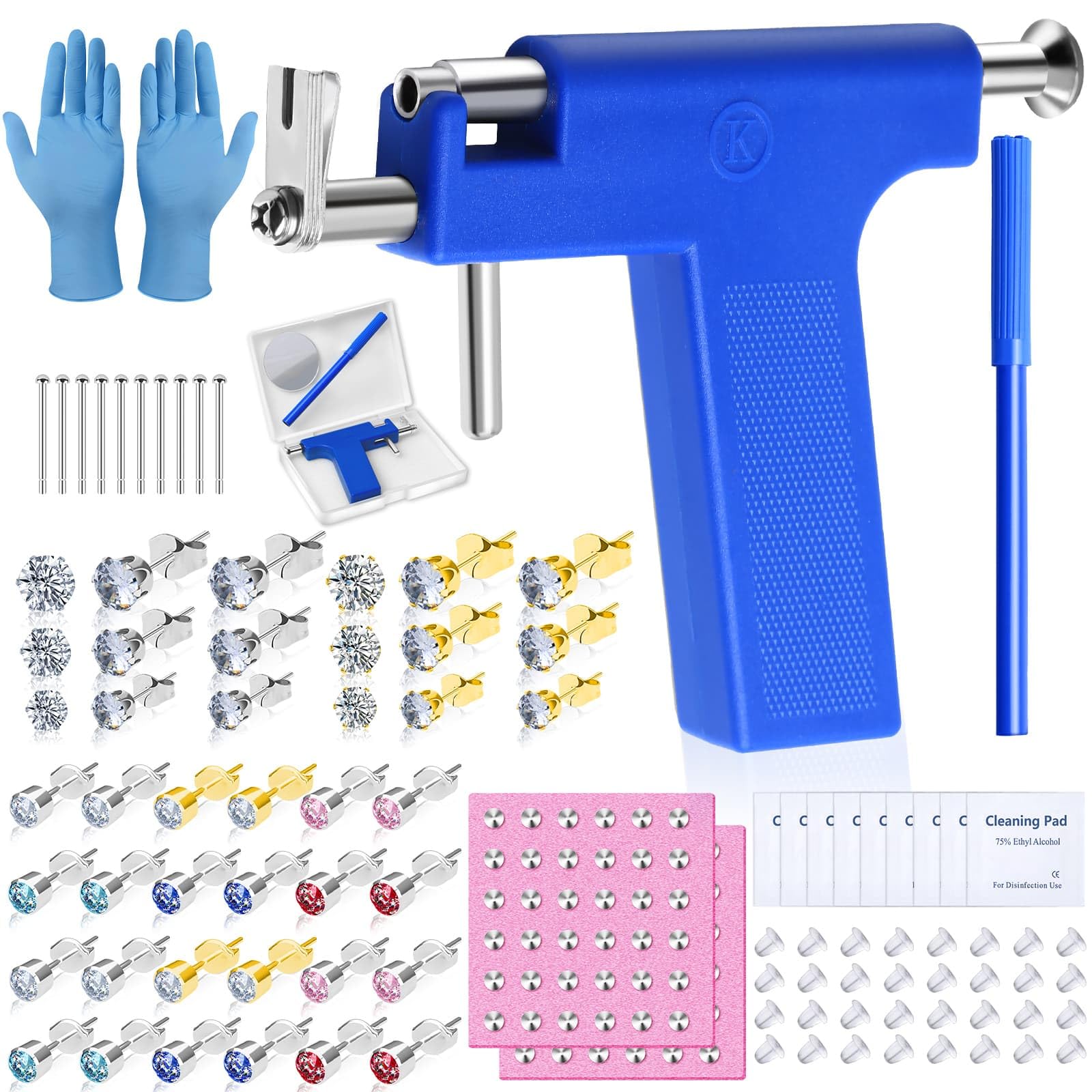 Evatage ear piercing gun box shows a complete at-home piercing kit for easy setup.