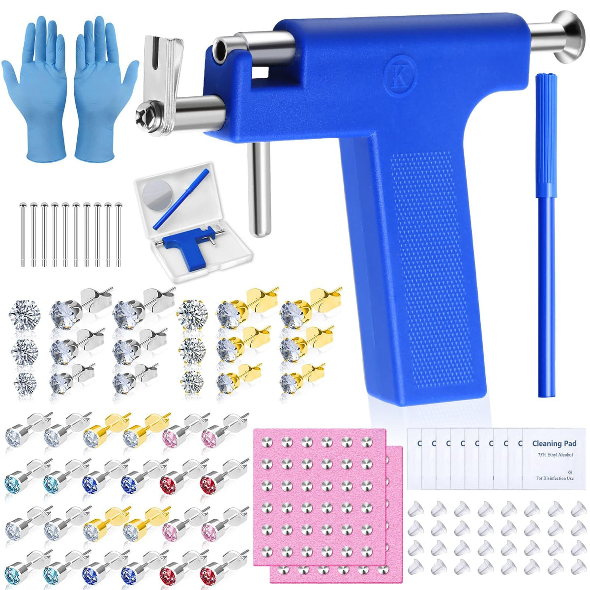 Evatage ear piercing gun box shows a complete at-home piercing kit for easy setup.