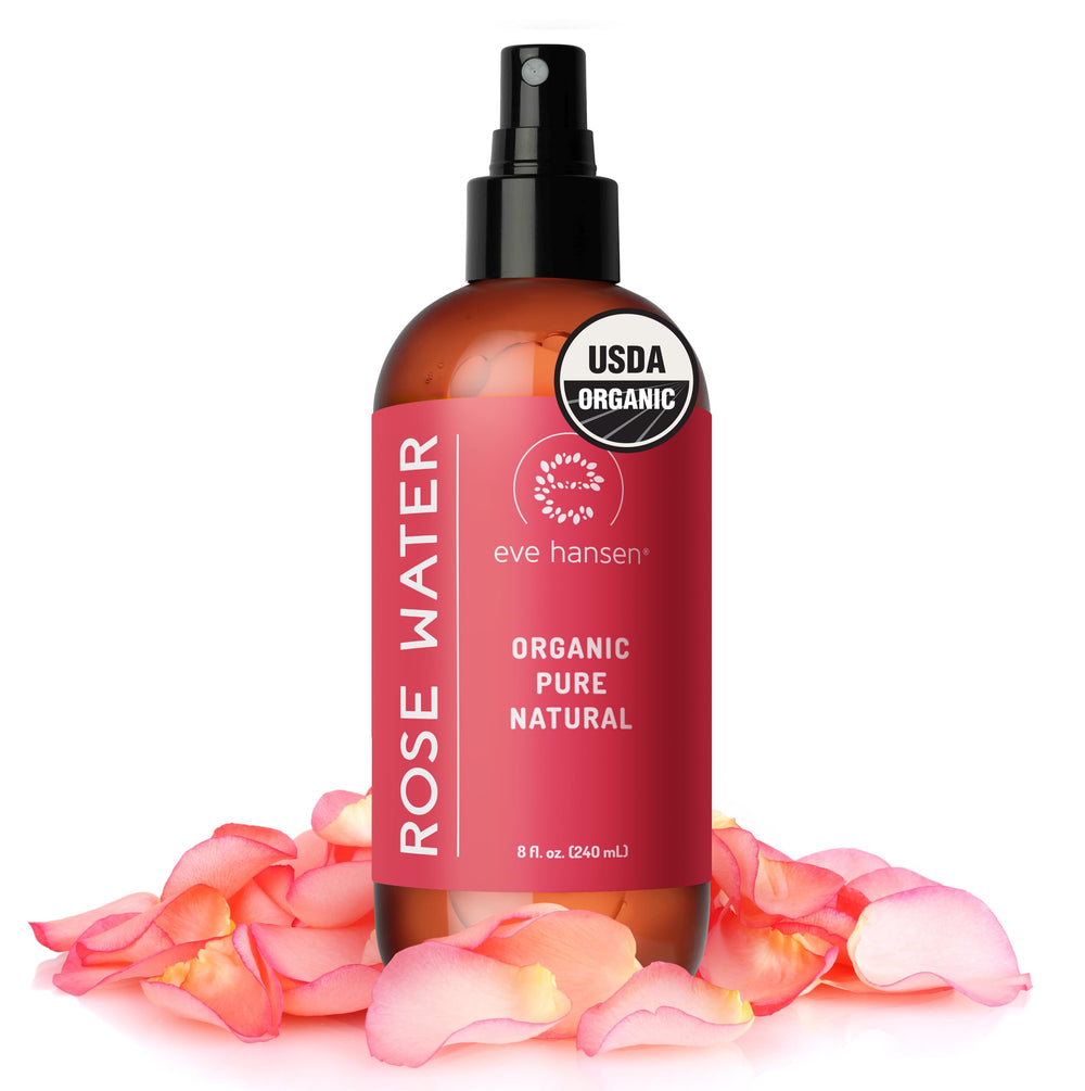 Eve Hansen rose water spray bottle closeup, pure Moroccan rosewater for refreshing skin.