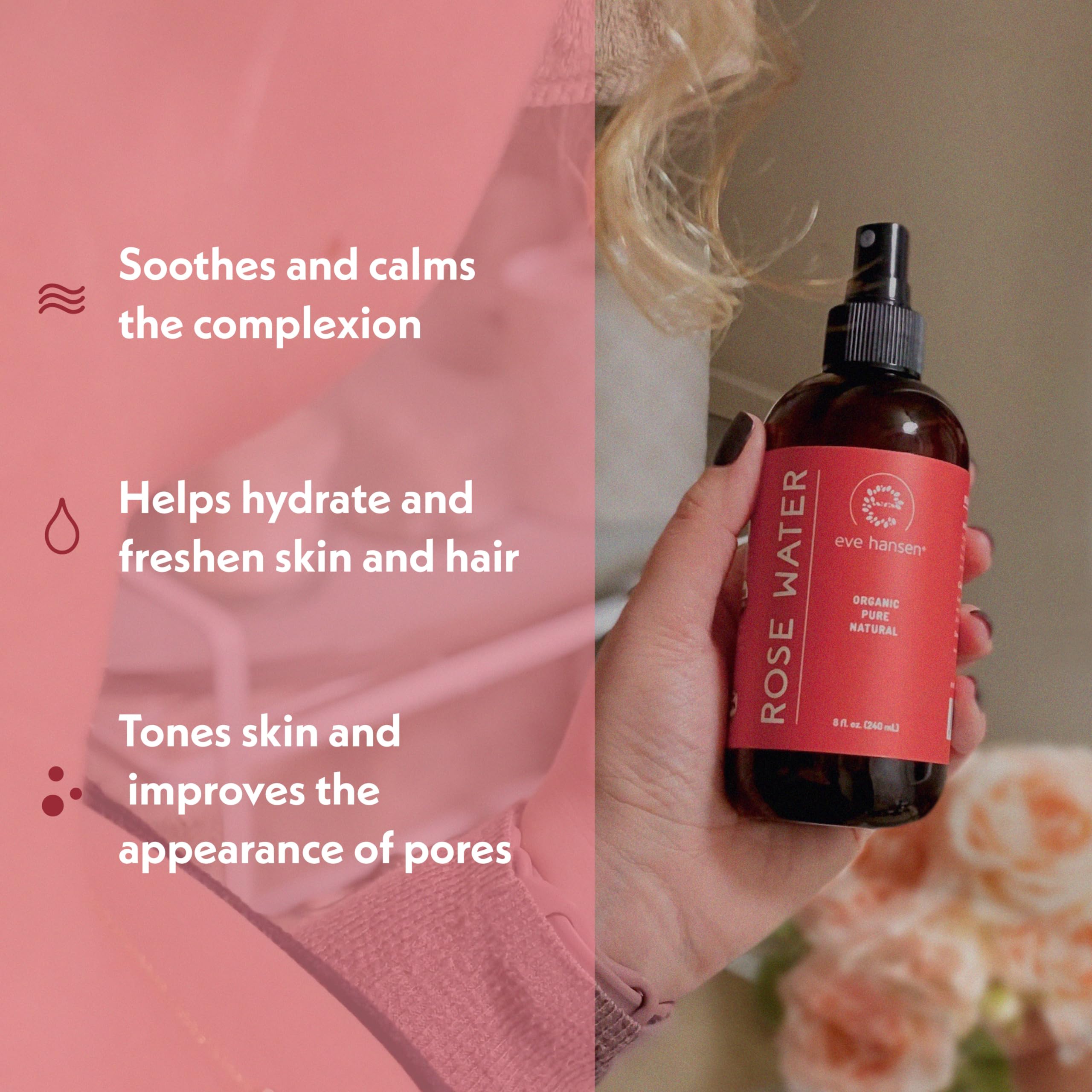 Eve Hansen rose water spray mist application, soothing hydration for face and neck.