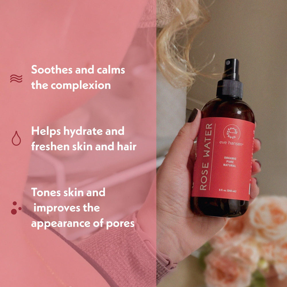 Eve Hansen rose water spray mist application, soothing hydration for face and neck.