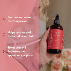 Eve Hansen rose water spray mist application, soothing hydration for face and neck.