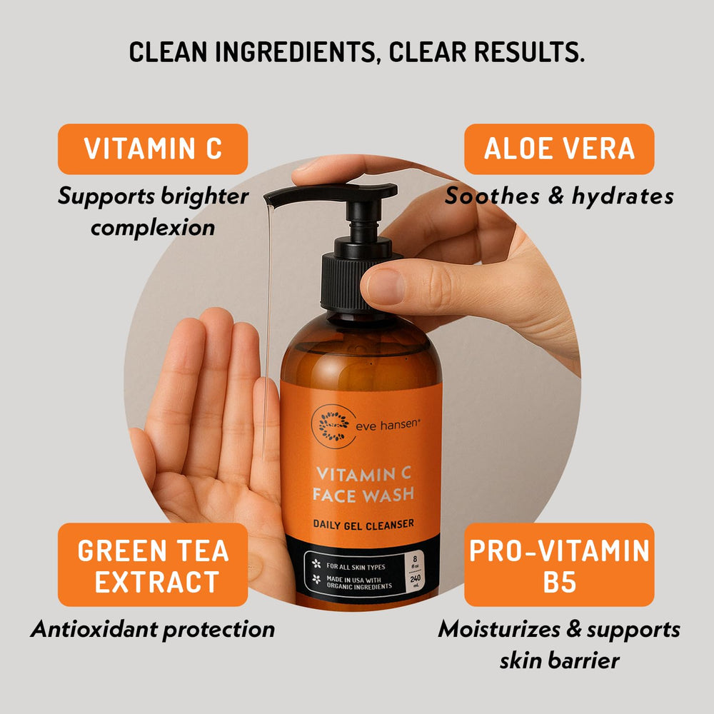 Eve Hansen Vitamin C Cleanser foamy lather on hand for refreshing skincare moment.