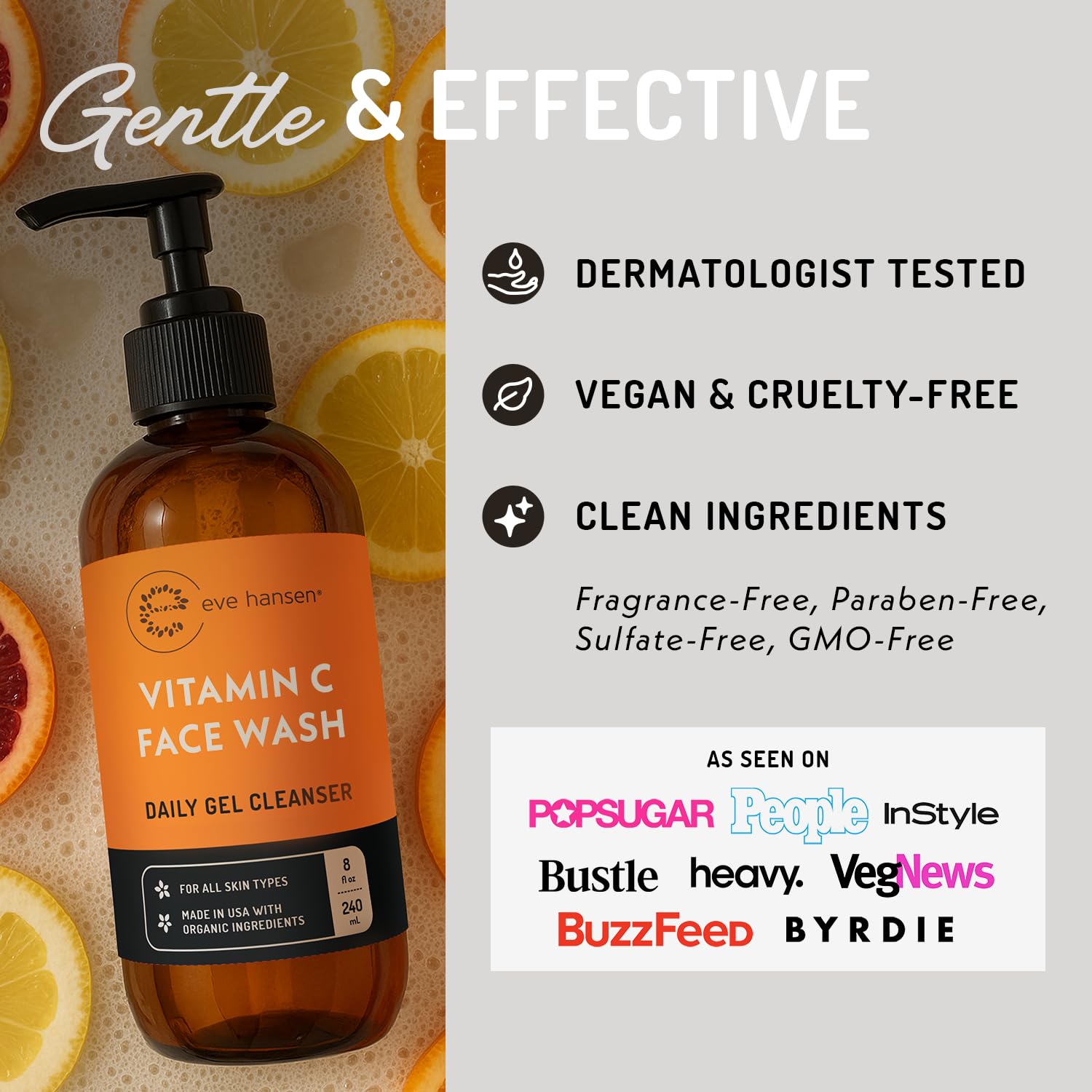 Eve Hansen Vitamin C Cleanser on skin close-up showing even tone and gentle exfoliation.