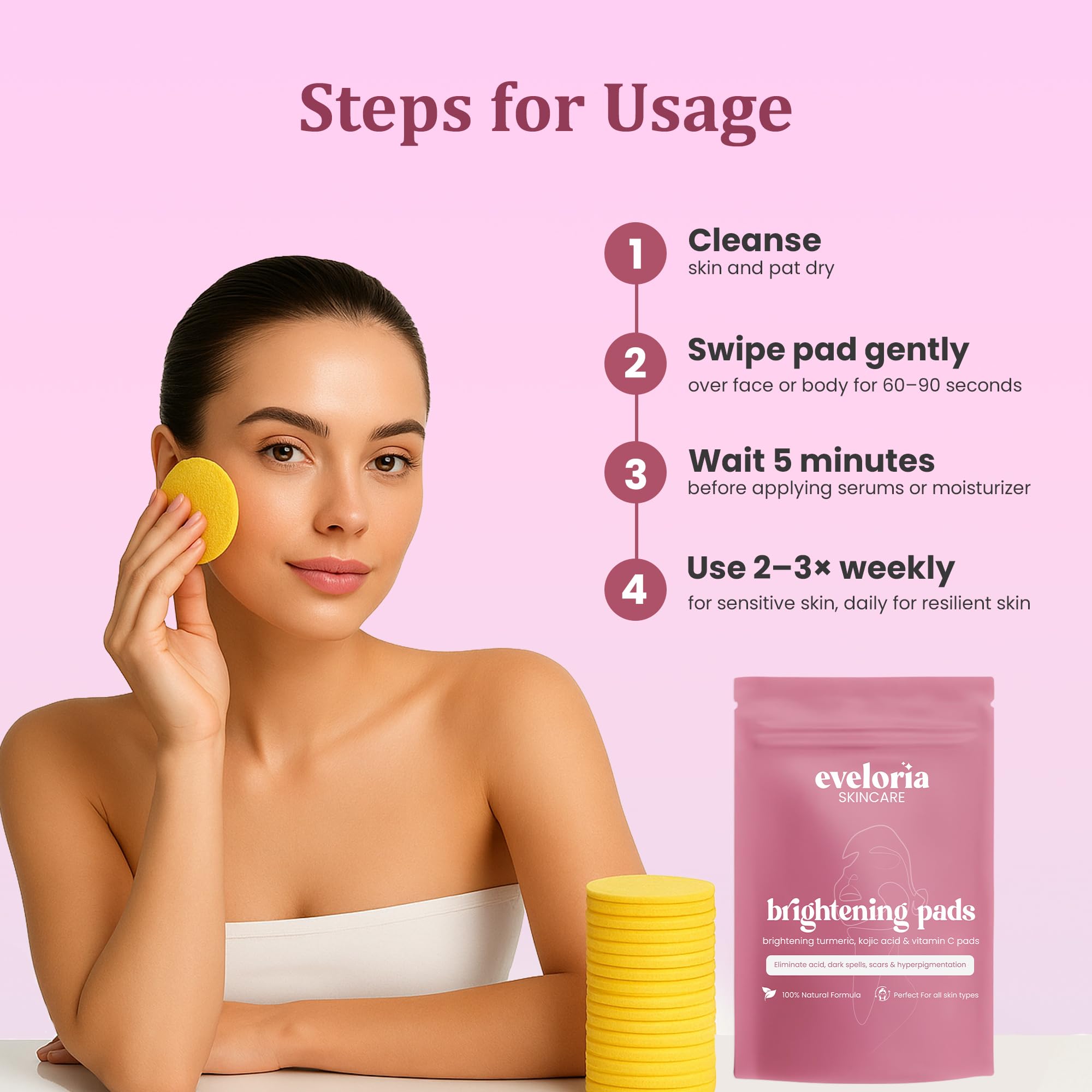 Eveloria pad applied to face suggests even-toned, refreshed complexion.