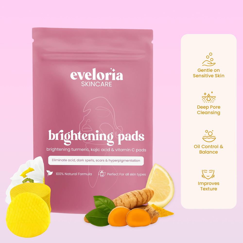 Eveloria ingredient badge highlights turmeric and kojic acid for brightening potential.