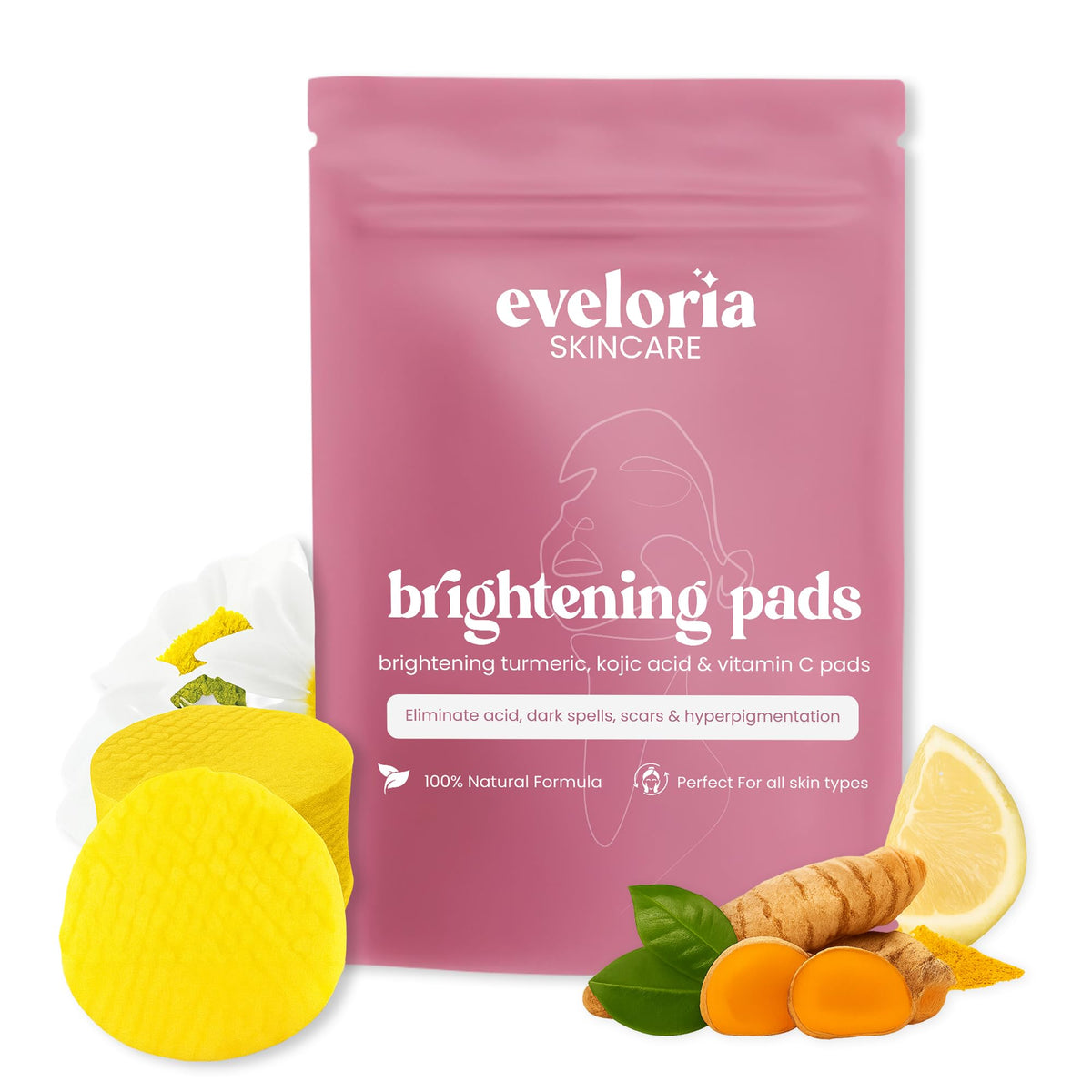 Eveloria Brightening Turmeric Kojic Pad packaging highlights brightening actives.