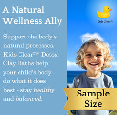 Evenbetternow Kids Clear Detox Clay Bath routine visuals suggest gentle cleansing benefits.