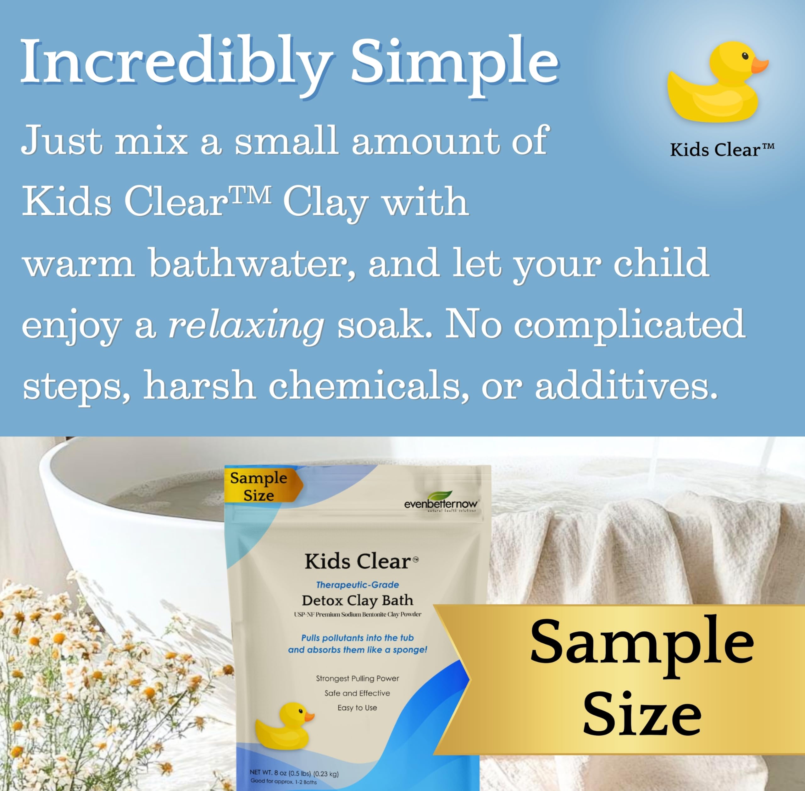 Evenbetternow Kids Clear Detox Clay Bath rinse-down shows safe drain disposal after use.