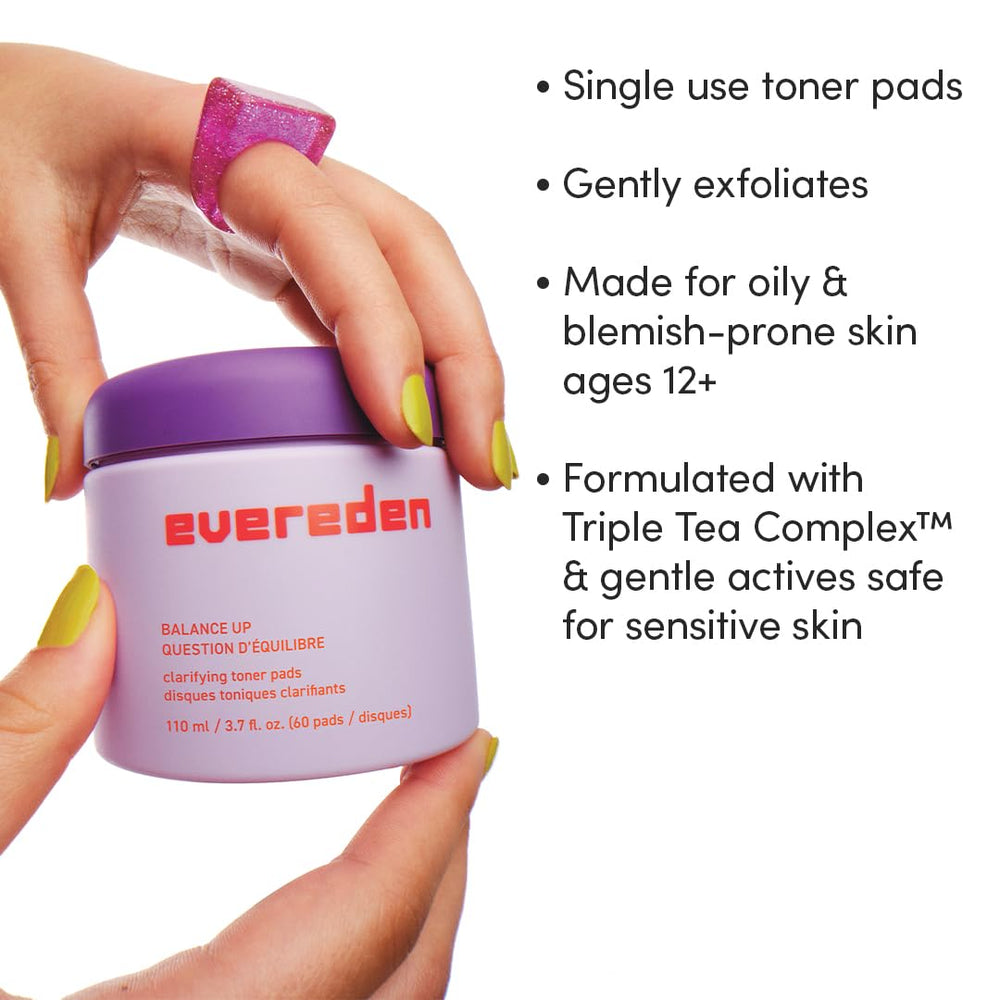 Evereden Balance Up toner pad on teen face demonstrates quick, soothing post-cleanse care.