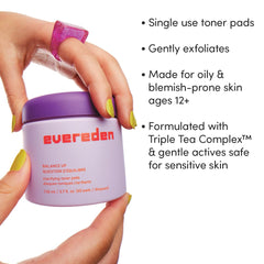 Evereden Balance Up toner pad on teen face demonstrates quick, soothing post-cleanse care.