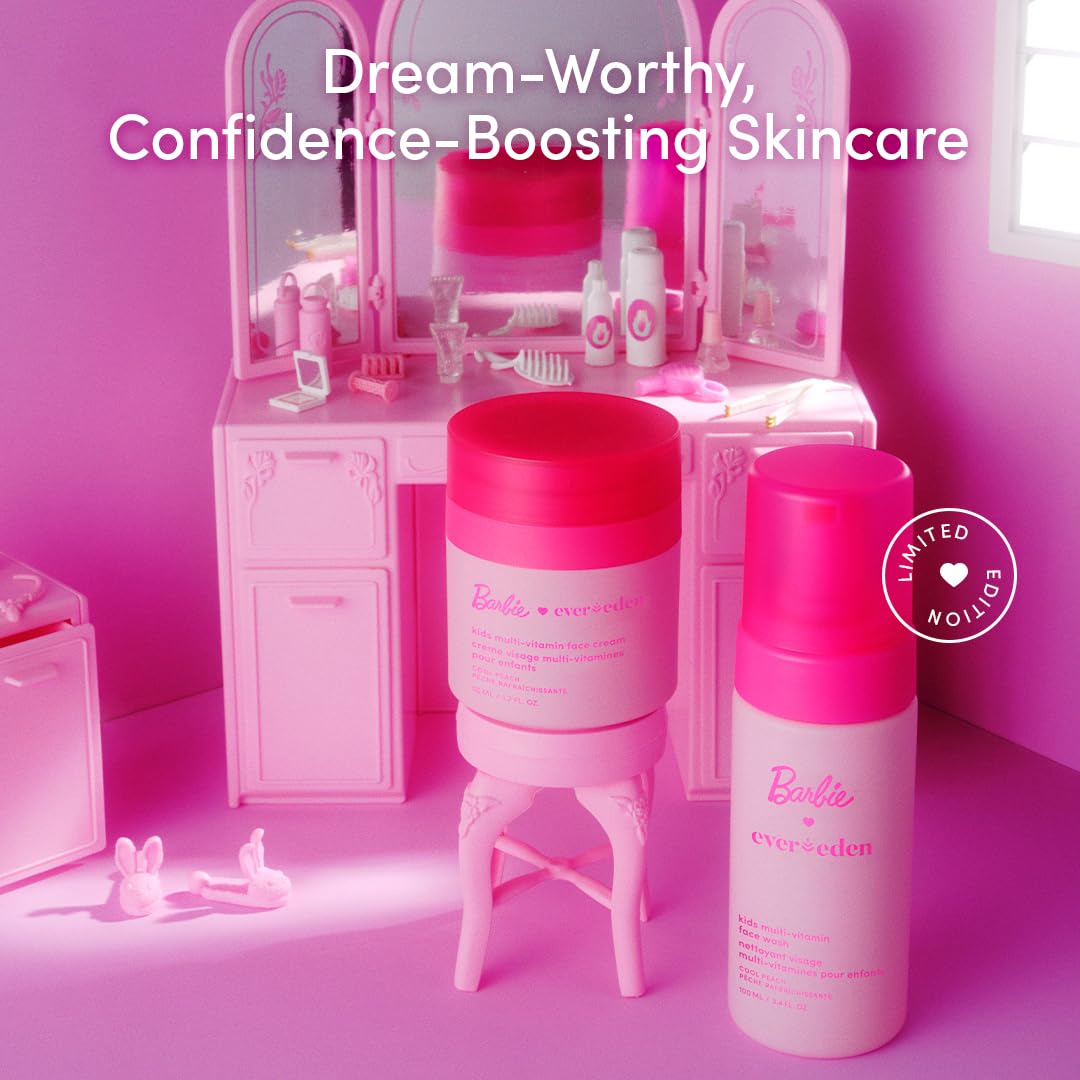 Evereden Barbie face cream tube emphasizes hydration for young, comfortable skin.