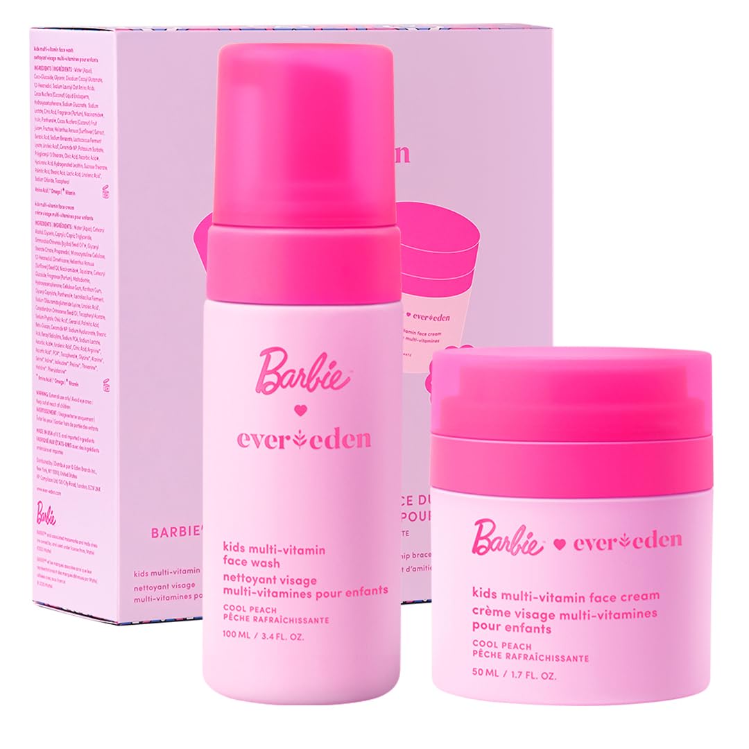 Evereden Barbie Limited Edition Happy Face Duo box shows gentle cleanser and moisturizer for daily kid skincare.