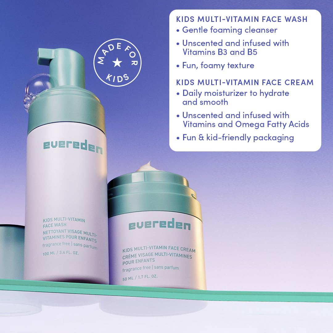 Evereden fragrance-free kids happy face duo face wash bottle with gentle cleanse.