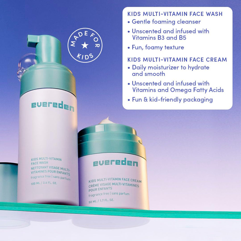 Evereden fragrance-free kids happy face duo face wash bottle with gentle cleanse.